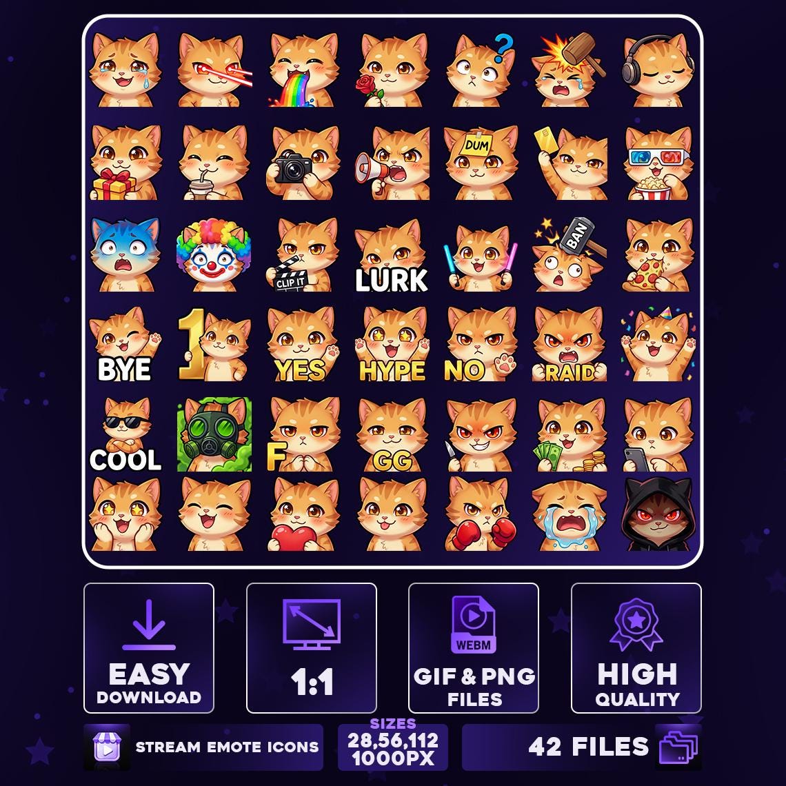 42 + 6 Animated Cat MEGA Emote Pack PNG & GIF for Streamers, Twitch ...