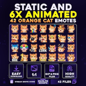 Pacchetto di 42 + 6 MEGA Emote di gatti animati PNG e GIF per streamer, Twitch, Discord, Kick, / Pacchetto di Emote di gatti arancioni Kawaii Chibi
