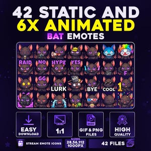 May include: A promotional image featuring 42 static and 6 animated bat emotes. The emotes are in a cartoon style, with various expressions and accessories. The image also includes text that says "Easy Download", "1:1", "GIF & PNG Files", and "High Quality".