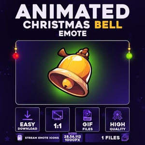 May include: Animated Christmas bell emote graphic. The image features a golden bell with a brown handle and a small clapper. The text includes "EASY DOWNLOAD", "1:1", "GIF FILES", and "HIGH QUALITY".