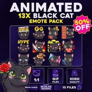 Pode incluir: Pacote de emotes de gato preto animado 13x com várias expressões. Inclui emotes com texto como "RAID", "GG" e "HYPE". Apresenta um gato preto de desenho animado segurando uma rosa, com "50% OFF".