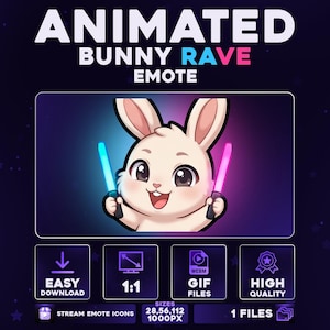 May include: Animated Bunny Rave Emote graphic. A cartoon bunny with a happy expression holds blue and pink light sabers. The image includes text that says "Animated Bunny Rave Emote", "Easy Download", "1:1", "GIF Files", and "High Quality".
