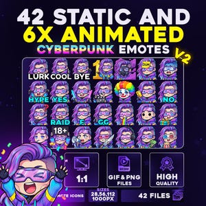 Könnte beinhalten: Eine digitale Grafik mit 42 statischen und 6 animierten Cyberpunk-Emotes. Die Emotes sind überwiegend lila und blau, mit verschiedenen Ausdrücken und Accessoires. Der Text enthält "LURK COOL BYE", "HYPE YES" und "RAID".