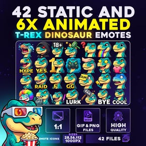 Peut inclure: Graphique numérique avec 42 émoticônes de dinosaures T-Rex statiques et 6 animées. Les émoticônes, dans des tons verts et bleus, affichent diverses expressions. Le texte sur l'image indique "42 STATIC AND 6X ANIMATED T-REX DINOSAUR EMOTES".