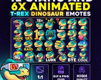 42 + 6 Animated T-Rex Dinosaur Emote Pack PNG & GIF for Streamers, Twitch, Discord, Kick, | Chibi Turqoise T-Rex Dinosaur Mega Emote Pack