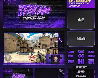 Animated Purple Stream Overlay Package for Twitch OBS Kick, Neon Purple Gaming Graphics, Starting Soon BRB Facecam Alerts Emotes Stinger