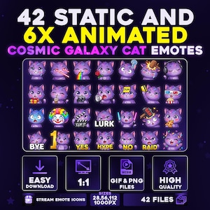 Puede incluir: Gráfico digital con 42 emotes estáticos y 6 animados de Cosmic Galaxy Cat. Los emotes representan personajes de gatos morados con diversas expresiones y accesorios. Incluye iconos para descarga fácil, proporción 1:1, archivos GIF y PNG, y alta calidad.