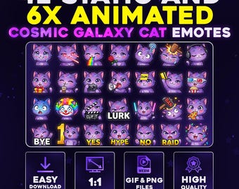 42 + 6 Animated Galaxy CAT Emote Pack PNG & GIF for Streamers, Twitch, Discord, Kick, | Cosmic Galaxy Cat Emotes Mega Pack