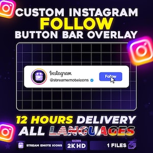 Könnte beinhalten: Ein digitales Grafik-Overlay mit einem weißen rechteckigen Balken, einem Instagram-Profilsymbol, dem Text Instagram, dem Handle @streamemoteicons und einem blauen Follow-Button mit Cursor vor einem dunklen Hintergrund mit weißem Raster.