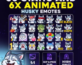 50 + 6 Animated Husky Dog Pack PNG & GIF For Streamers, Twitch, Discord, Kick, | Chibi Pet Emote Pack