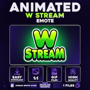 以下が含まれることがあります： 緑と白のデザインのアニメーション「W Stream Emote」グラフィック。画像には「W Stream Emote」、「Easy Download」、「1:1」、「GIF Files」、「High Quality」の文字が含まれています。画像は濃い紫色の背景にあります。
