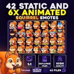 May include: A digital graphic showcasing 42 static and 6 animated squirrel emotes. The emotes depict diverse expressions and actions, with text such as "LOL", "WTF", and "YES". The image also includes icons indicating file types and high quality.