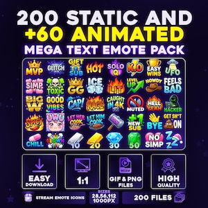 May include: A digital graphic advertising a "MEGA TEXT EMOTE PACK" with 200 static and 60 animated emotes. The image showcases various text-based emotes, such as "ICE," "GG," and "SPICY." Details about file types and sizes are also included.
