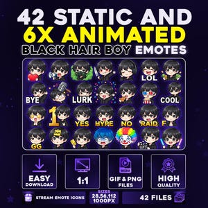 May include: A digital graphic featuring 42 static and 6 animated black-haired boy emotes. The emotes display various expressions and actions. The image includes text that reads "42 STATIC AND 6X ANIMATED BLACK HAIR BOY EMOTES". Additional text indicates "EASY DOWNLOAD", "GIF & PNG FILES", and "HIGH QUALITY".