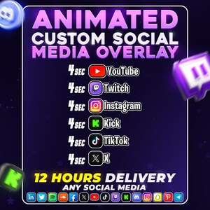 Puede incluir: Una pantalla gráfica digital titulada ANIMATED CUSTOM SOCIAL MEDIA OVERLAY. Enumera YouTube, Twitch, Instagram, Kick, TikTok y X con marcadores de duración de 4 SEC. Abajo, indica 12 HOURS DELIVERY ANY SOCIAL MEDIA, seguido de una fila de iconos.