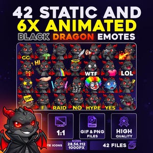 以下が含まれることがあります： 42個の静止した黒いドラゴンの絵文字と6個のアニメーション絵文字が描かれたデジタルグラフィック。各ドラゴンは赤い目と角を持ち、さまざまな表情と小道具があります。「42 STATIC AND 6X ANIMATED BLACK DRAGON EMOTES」というテキストが含まれています。