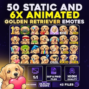 Puede incluir: Un gráfico digital con 50 emoticonos estáticos y 6 animados de Golden Retriever. Los emoticonos representan diversas expresiones y acciones. La imagen incluye el texto "50 STATIC AND 6X ANIMATED GOLDEN RETRIEVER EMOTES".