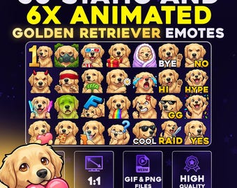 50 + 6 Animated Golden Retriever Dog Pack PNG & GIF For Streamers, Twitch, Discord, Kick, | Chibi Pet Emote Pack