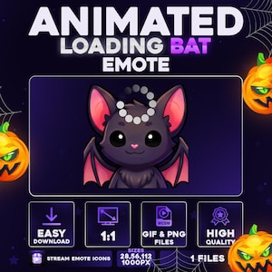 Può includere: Un'emote digitale animata raffigurante un pipistrello viola scuro con grandi occhi neri e orecchie rosa. Un'icona di caricamento circolare bianca si trova sopra la testa. Il testo recita ANIMATED LOADING BAT EMOTE, 1:1, GIF & PNG FILES.