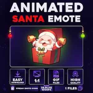 May include: Animated Santa emote graphic. Santa Claus emerges from a red gift box, holding golden bells. The image includes text that says "Animated Santa Emote", "Easy Download", "1:1", "GIF Files", and "High Quality".