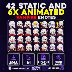 Könnte beinhalten: Werbegrafik für Emotes zum Thema Vampire. Das Bild zeigt 42 statische und 6 animierte Emotes mit verschiedenen Ausdrücken. Der Text enthält "42 STATIC AND 6X ANIMATED VAMPIRE EMOTES", "EASY DOWNLOAD" und "HIGH QUALITY".