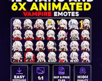 42 + 6 Animated Vampire Emote Pack PNG & GIF for Streamers, Twitch, Discord, Kick, | Chibi Gothic Vampire Mega Emote Pack