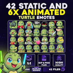 Paquete de 42 + 6 gestos animados de tortuga PNG y GIF para streamers, Twitch, Discord, Kick / Mega paquete de gestos Chibi Loggerhead