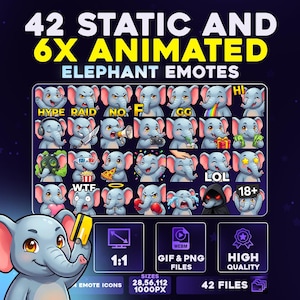 May include: A digital art graphic featuring 42 static and 6 animated elephant emotes. The emotes display various expressions and actions. The image includes the text "42 STATIC AND 6X ANIMATED ELEPHANT EMOTES".