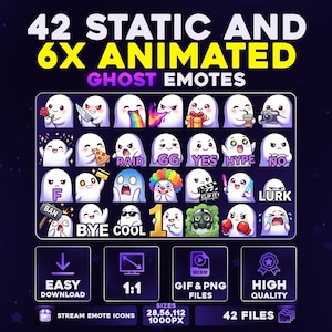 Pode incluir: Gráfico digital com 42 emotes de fantasmas estáticos e 6 animados. Cada fantasma tem uma expressão única e segura vários objetos. A imagem inclui texto que diz "DOWNLOAD FÁCIL", "1:1", "ARQUIVOS GIF & PNG" e "ALTA QUALIDADE".