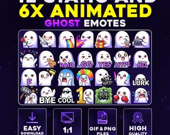 42 + 6 Animated Ghost Emote Pack PNG & GIF for Streamers, Twitch, Discord, Kick, | Chibi Spirit Mega Emote Pack