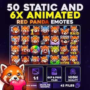 May include: A digital graphic featuring 50 static and 6 animated red panda emotes. The emotes have various expressions and are in a grid. The image also includes text that says "GIF & PNG FILES" and "HIGH QUALITY".