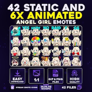 May include: Digital graphic with 42 static and 6 animated angel girl emotes. The emotes depict blonde-haired angels with halos and wings, displaying diverse expressions and holding various props. Text includes "YES HYPE NO RAID F GG", "EASY DOWNLOAD", "1:1", "GIF & PNG FILES", and "HIGH QUALITY".