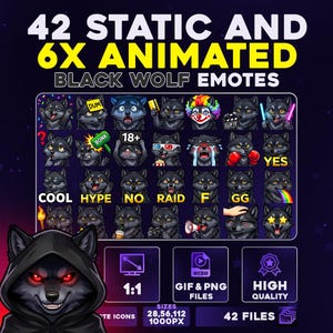 May include: A digital art graphic featuring 42 static and 6 animated black wolf emotes. The emotes display various expressions and actions. The image includes text that says "42 STATIC AND 6X ANIMATED BLACK WOLF EMOTES".