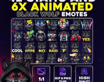 42 + 6 Animated Black Wolf Emote Pack PNG & GIF for Streamers, Twitch, Discord, Kick, | Chibi Black Wolf Mega Emote Pack