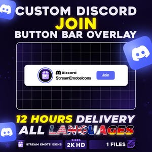 Może przedstawiać: Cyfrowa nakładka graficzna przedstawiająca biały prostokątny pasek przycisków z logo Discord, tekstem StreamEmoteIcons i niebieskim przyciskiem Join. Projekt zawiera tekst CUSTOM DISCORD JOIN BUTTON BAR OVERLAY oraz 12 HOURS DELIVERY.