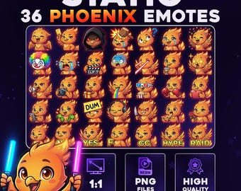 36 PHOENIX Mega Bundle Emotes PNG Bundle for Streamers, Twitch, Discord, Kick, YouTube | Kawaii Chibi Phoenix Emote Bundle Chat Pack