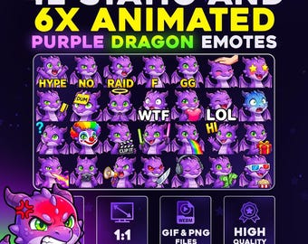 42 + 6 Animated Purple Dragon Emotes Pack PNG & GIF for Streamers, Twitch, Discord, Kick, | Chibi Cute Dragon Emote Pack