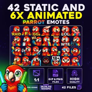 Puede incluir: Gráfico de arte digital con 42 emotes de loro estáticos y 6 animados. Los emotes muestran diversas expresiones y acciones, con texto como "RAID", "LOL" y "WTF". La imagen también incluye iconos para tipos de archivo y calidad.