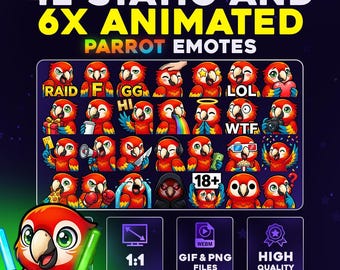 42 + 6 Animated Parrot Emote Pack PNG & GIF for Streamers, Twitch, Discord, Kick, | Chibi Red Parrot Mega Emote Pack