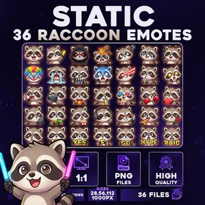 Könnte beinhalten: Grafik mit digitaler Kunst mit 36 Waschbär-Emotes mit verschiedenen Ausdrücken. Das Bild enthält den Text "STATIC 36 RACCOON EMOTES", "PNG FILES", "HIGH QUALITY" und "36 FILES". Eine Waschbär-Figur hält zwei Lichtschwerter.