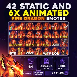 42 + 6 geanimeerd Fire Dragon-emotepakket, png en gif voor streamers, Twitch, Discord, Kick, | Mega-emotepakket kawaii chibi-vuurdraak