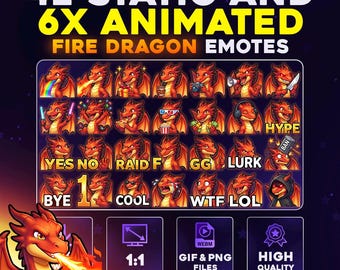 42 + 6 Animated Fire Dragon Emote Pack PNG & GIF for Streamers, Twitch, Discord, Kick, | Kawaii Chibi Fire Dragon Mega Emote Pack
