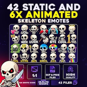 Pacote com 42 + 6 emotes animados de esqueletos em PNG e GIF para streamers, Twitch, Discord, Kick | Pacote Mega de Emotes de Esqueleto Chibi Humano