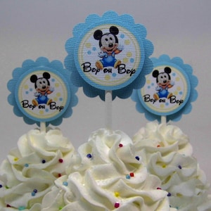 Baby Mickey Mouse Cupcake Toppers Blue and Yellow...Set of 12...Baby Shower, First Birthday, Boy oh Boy