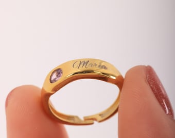 Personalized Sterling Silver Birthstone Ring: Engraved Name Stacking Ring