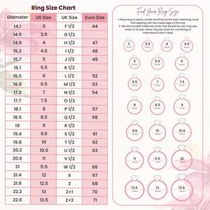 Puede incluir: Una tabla de tallas de anillos con fondo rosa. La tabla muestra el di&aacute;metro de un anillo en mil&iacute;metros, la talla de anillo estadounidense correspondiente, la talla de anillo brit&aacute;nica y la talla de anillo europea. La tabla tambi&eacute;n incluye una gu&iacute;a visual para ayudarte a encontrar tu talla de anillo.