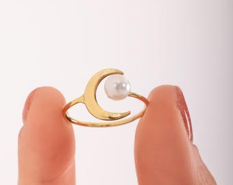 Anillo de luna creciente con perlas: plata de ley ajustable, hecho a mano.