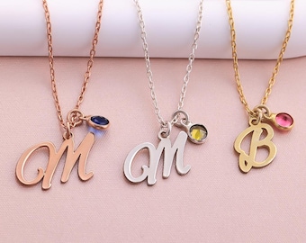 14K Gold Initial Necklace with Birthstone, Personalized Sterling Silver