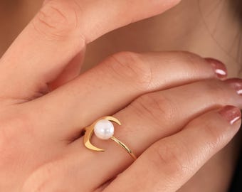 Anillo de media luna con perla en plata de ley - Joyería ajustable hecha a mano