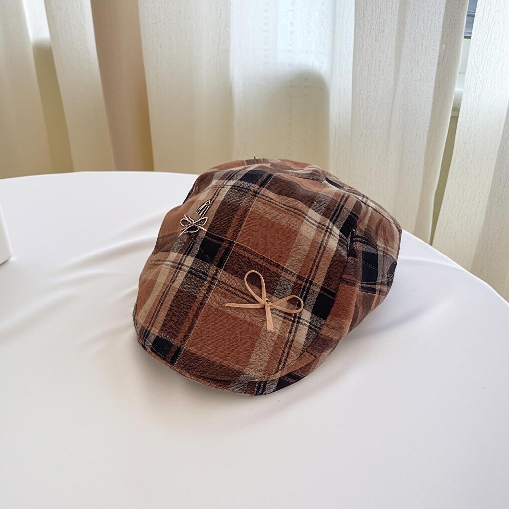 cabbie y2k newspaper bow vintage plaid baker boy cap fair weather one size brown Y2K Baker Boy Plaid Cap With Chain 2000s Checkered Hat  main image 4